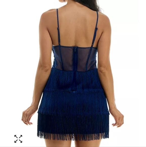 NWT B Darlin beaded corset fringe mini dress in slim blue Size 1/2 - Picture 2 of 8